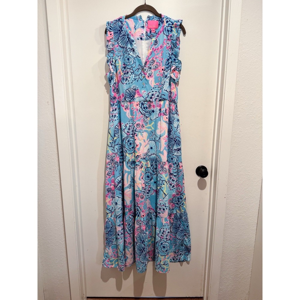 Lilly Pulitzer Destini Maxi Dress Bali Blue Once Upon A Tide Size 14 Read* - Picture 2 of 12